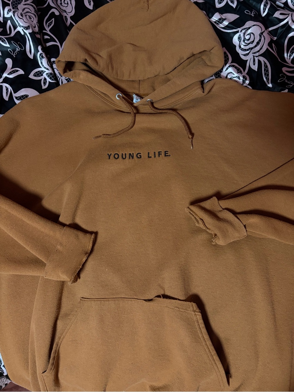 Jerzees Brown Hooded Shirt Jacket with 'YOUNG LIFE' Text
